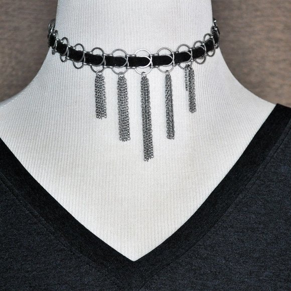 Ettika Antique Silver and Black Vegan Leather Dangling Chain Choker Necklace - Picture 1 of 6